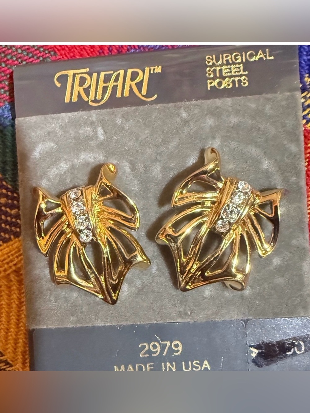 Vintage Trifari Gold-Tone Crystal Bow Earrings NWT